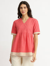 Cotton Handwoven Colourblock Top - Pink & Beige
