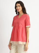 Cotton Handwoven Colourblock Top - Pink & Beige