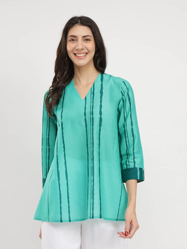 Cotton Striped V-Neck Top - Green