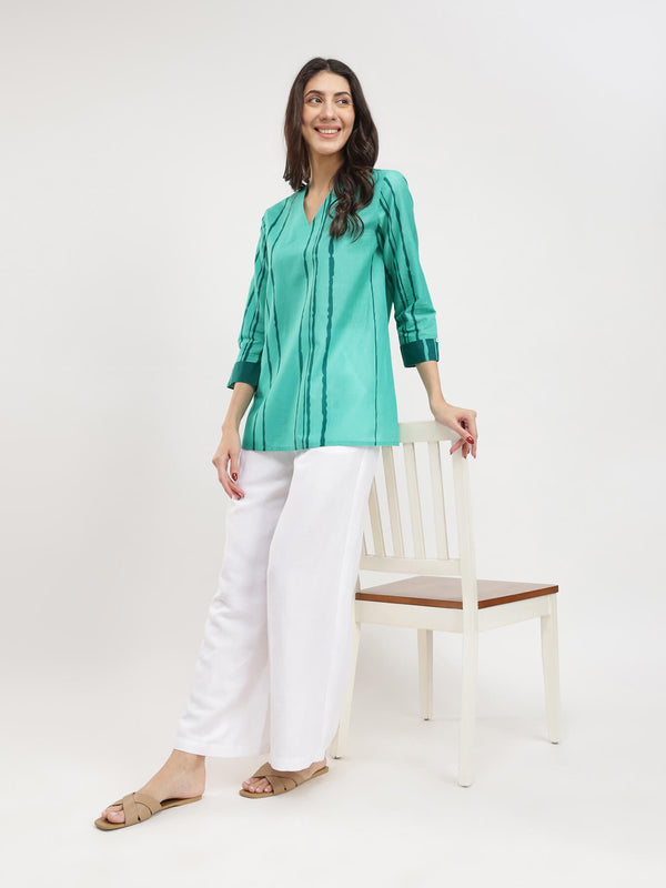 Cotton Striped V-Neck Top - Green