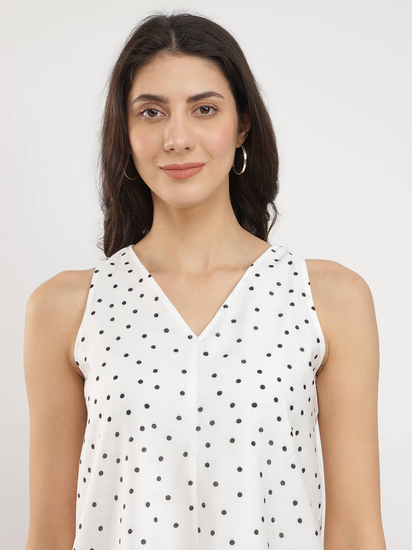 Polka Print V-Neck Top - White & Black