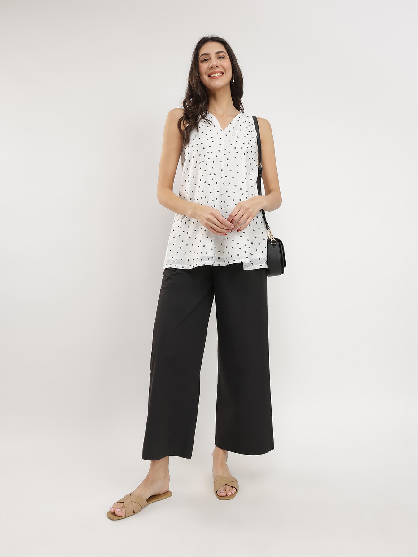 Polka Print V-Neck Top - White & Black