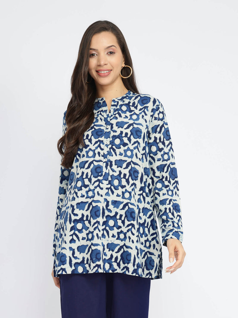 Cotton Dabu Floral Buttoned Top - Indigo