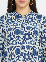 Cotton Dabu Floral Buttoned Top - Indigo