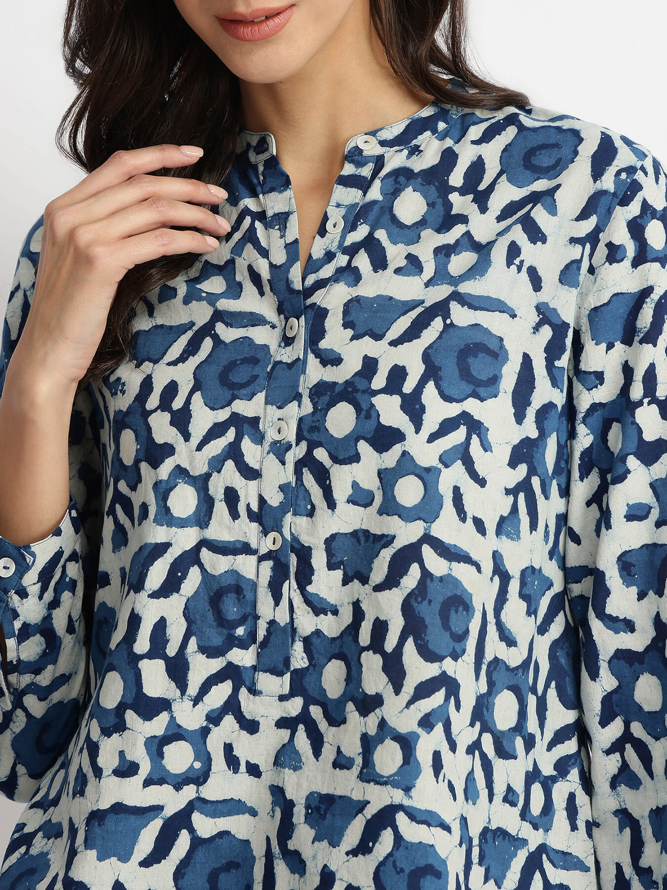 Cotton Dabu Floral Buttoned Top - Indigo
