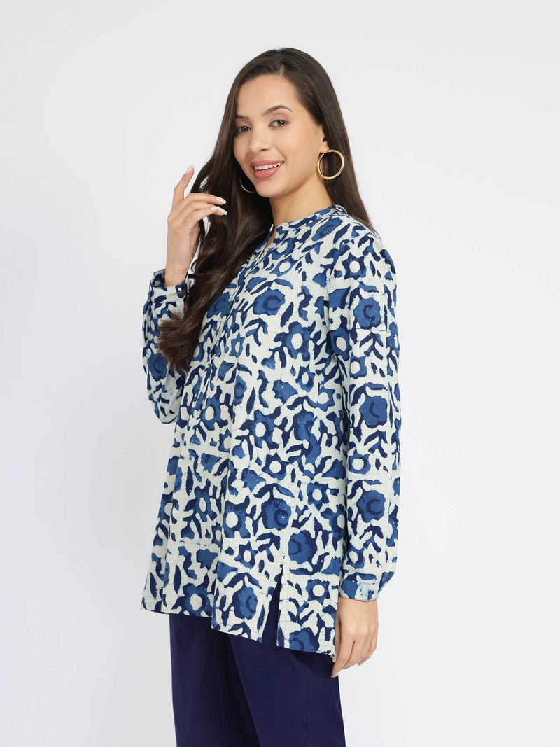 Cotton Dabu Floral Buttoned Top - Indigo
