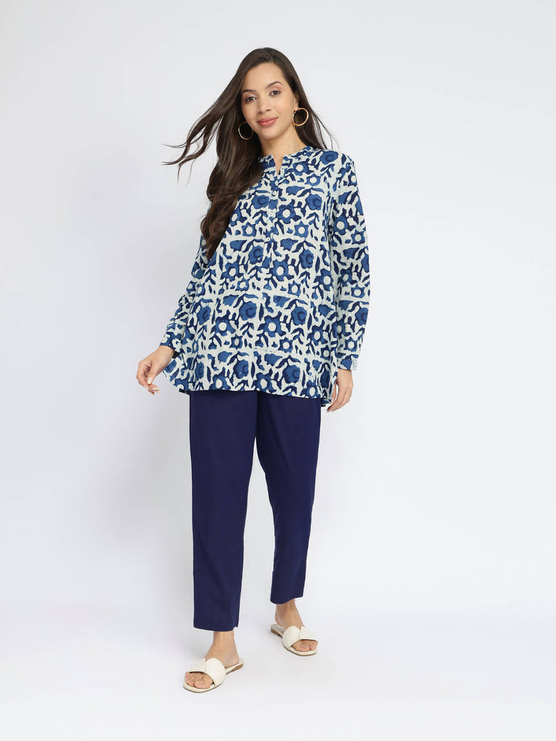 Cotton Dabu Floral Buttoned Top - Indigo