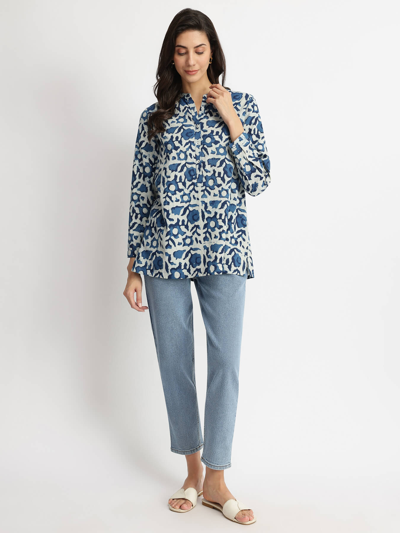 Cotton Dabu Floral Buttoned Top - Indigo