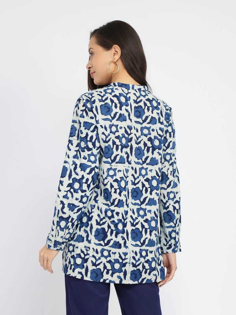Cotton Dabu Floral Buttoned Top - Indigo