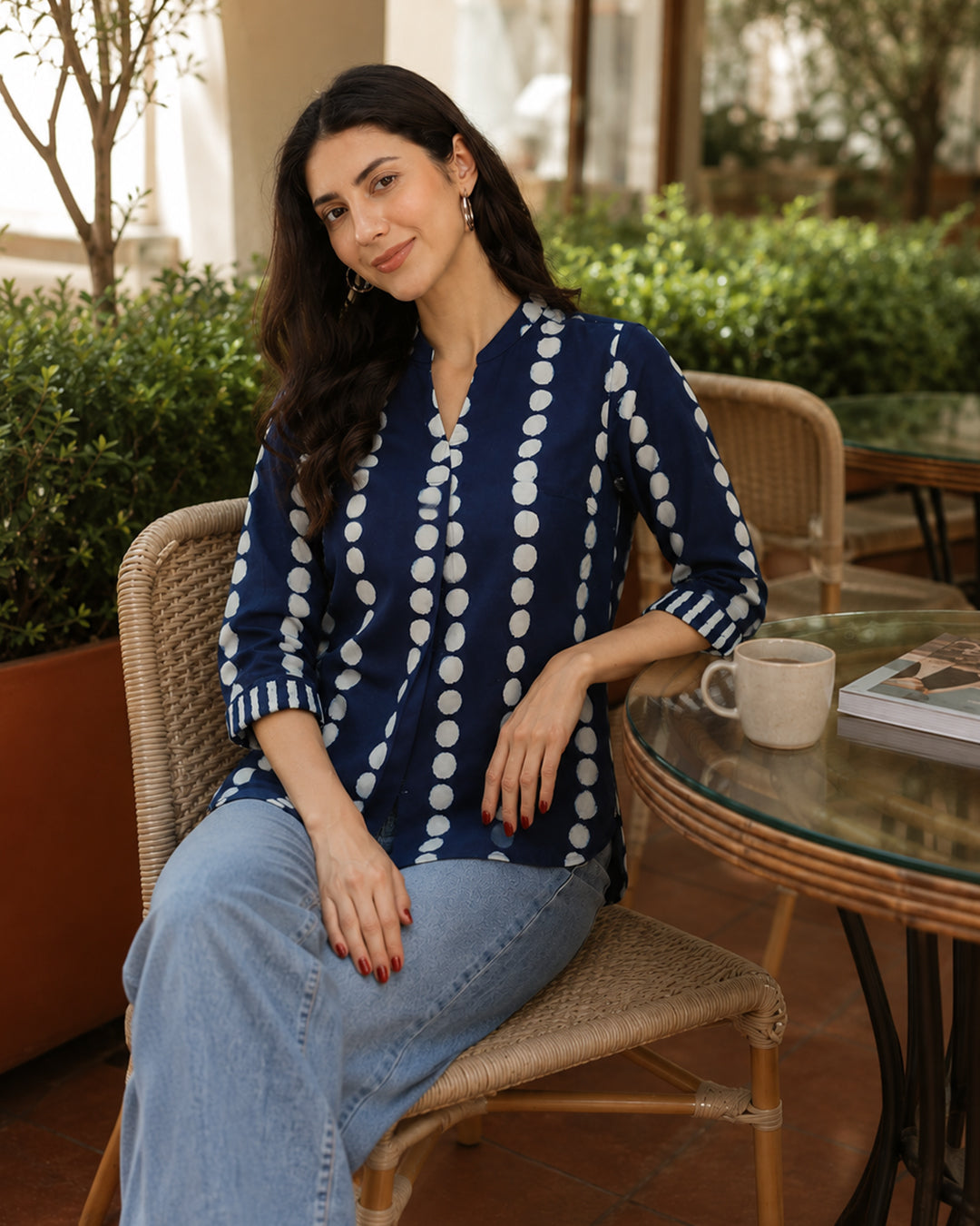 Cotton Polka Dabu Print Top - Indigo