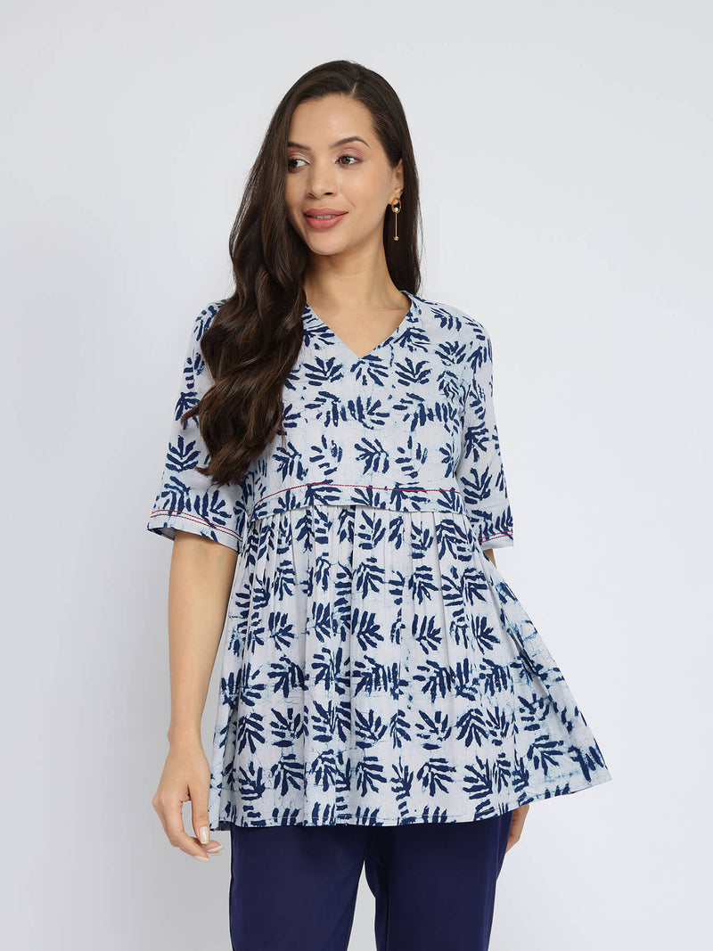 Cotton Dabu Leaf Print Top - Indigo