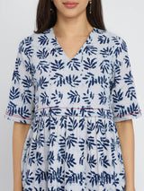 Cotton Dabu Leaf Print Top - Indigo
