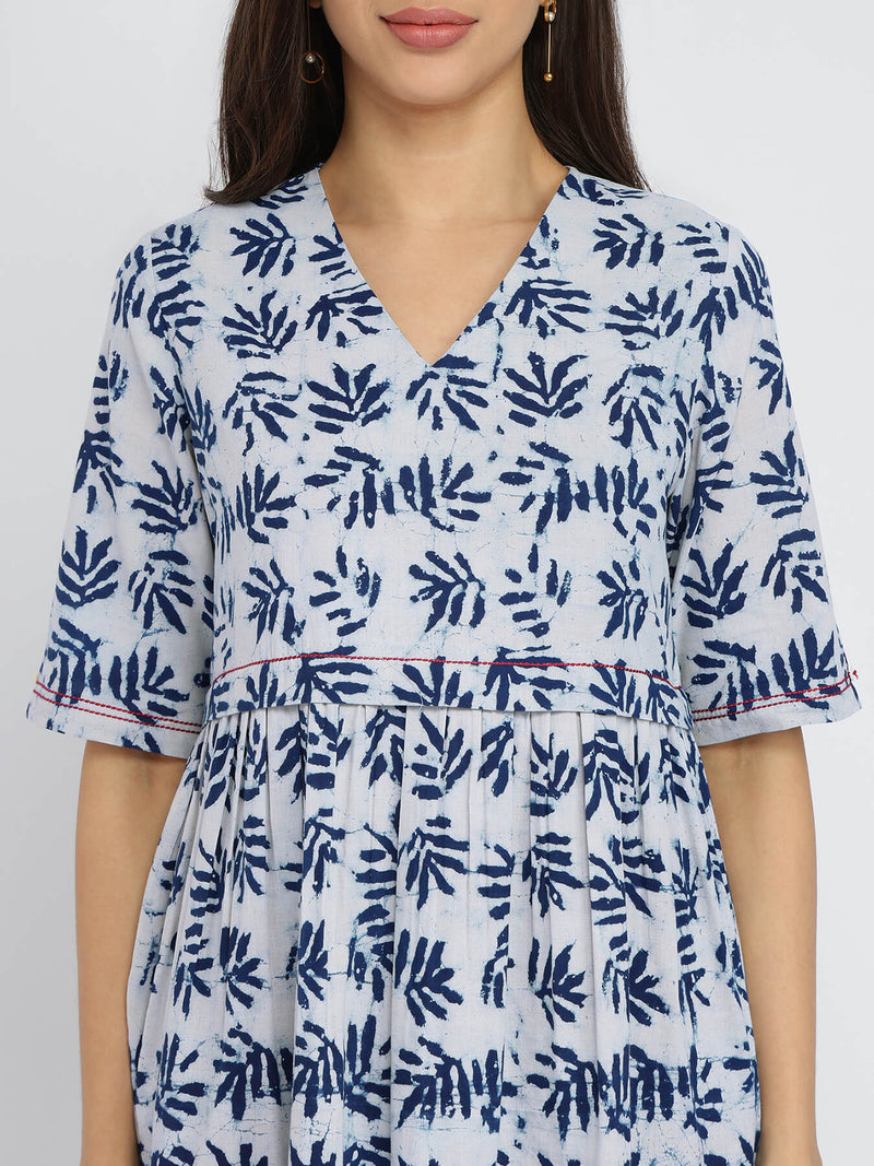 Cotton Dabu Leaf Print Top - Indigo