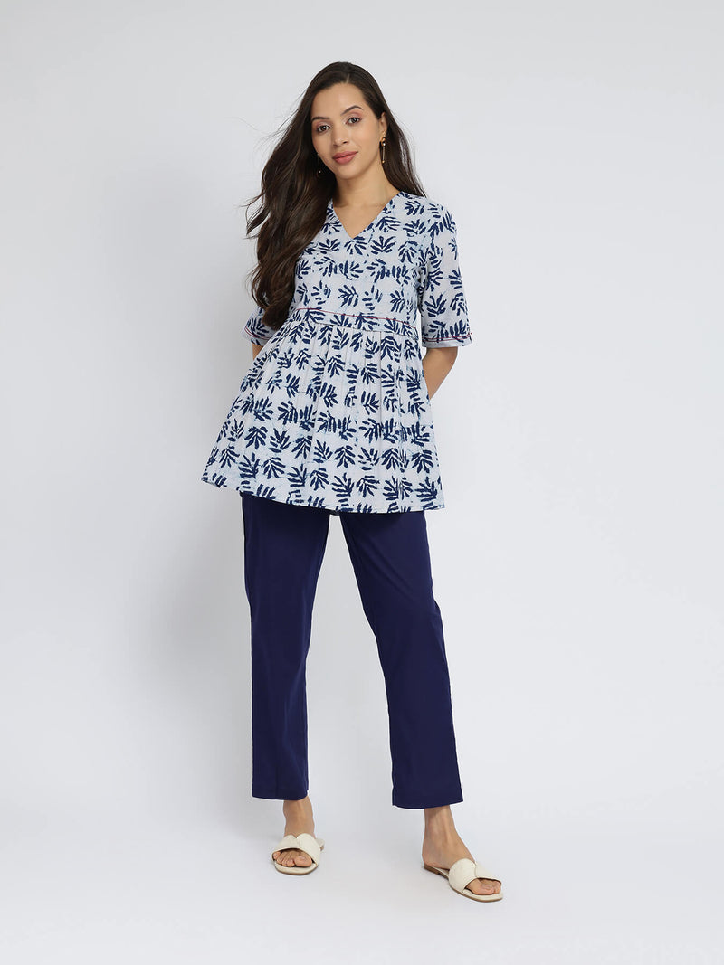 Cotton Dabu Leaf Print Top - Indigo