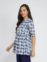 Cotton Dabu Leaf Print Top - Indigo