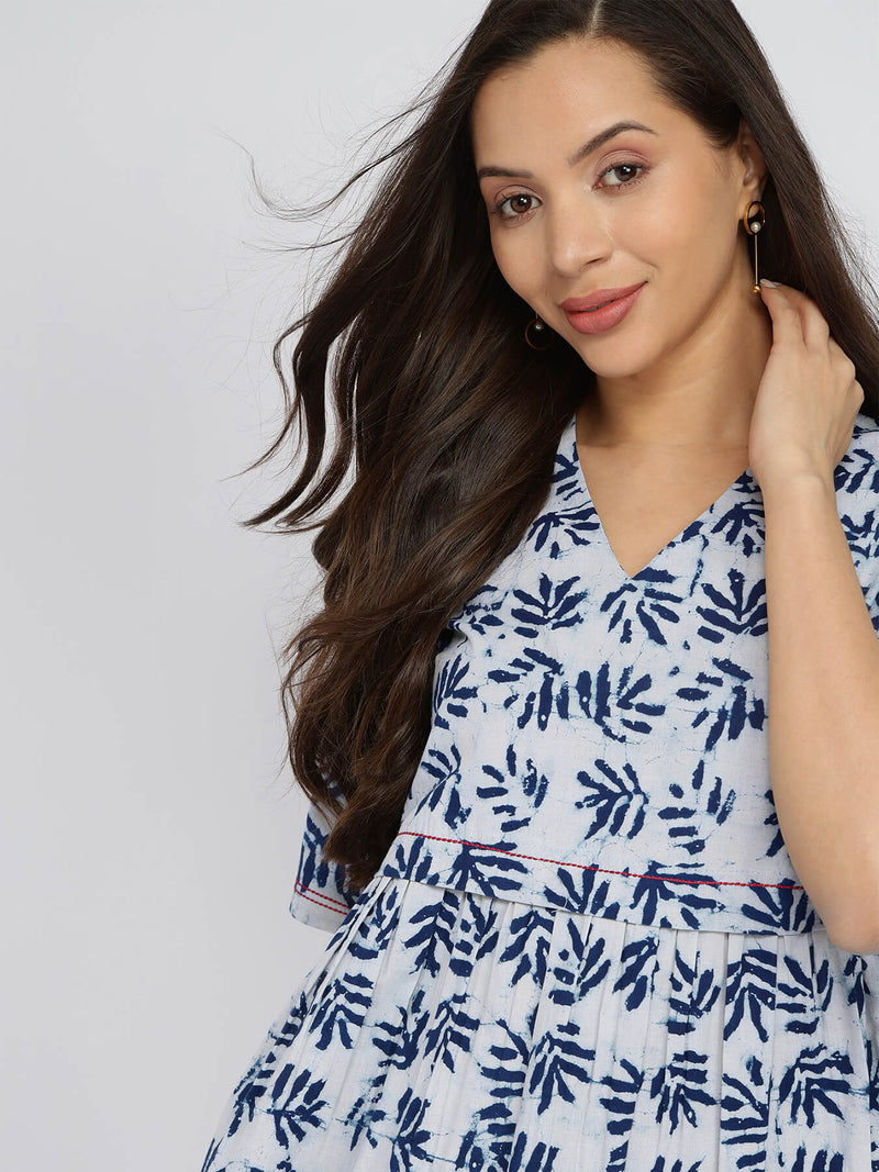 Cotton Dabu Leaf Print Top - Indigo