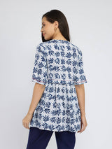 Cotton Dabu Leaf Print Top - Indigo