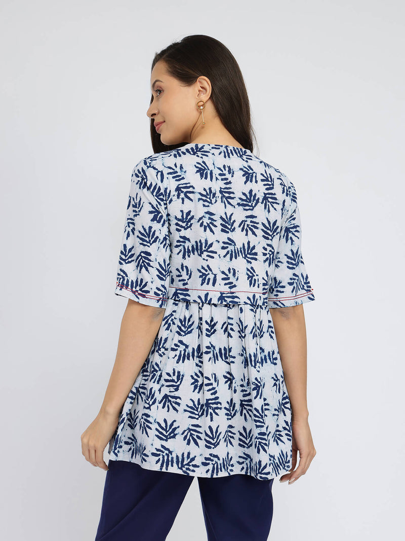 Cotton Dabu Leaf Print Top - Indigo