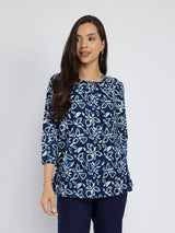 Cotton Dabu Floral Print Top - Indigo