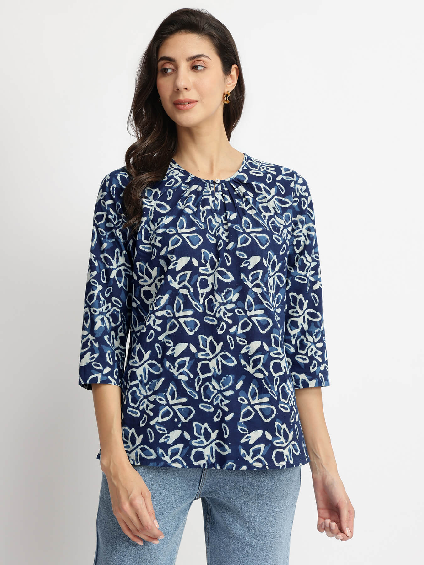 Cotton Dabu Floral Print Top - Indigo