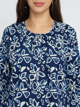 Cotton Dabu Floral Print Top - Indigo