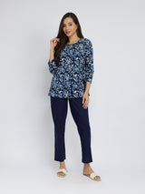 Cotton Dabu Floral Print Top - Indigo