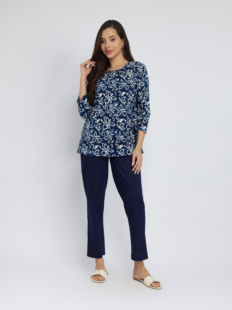 Cotton Dabu Floral Print Top - Indigo