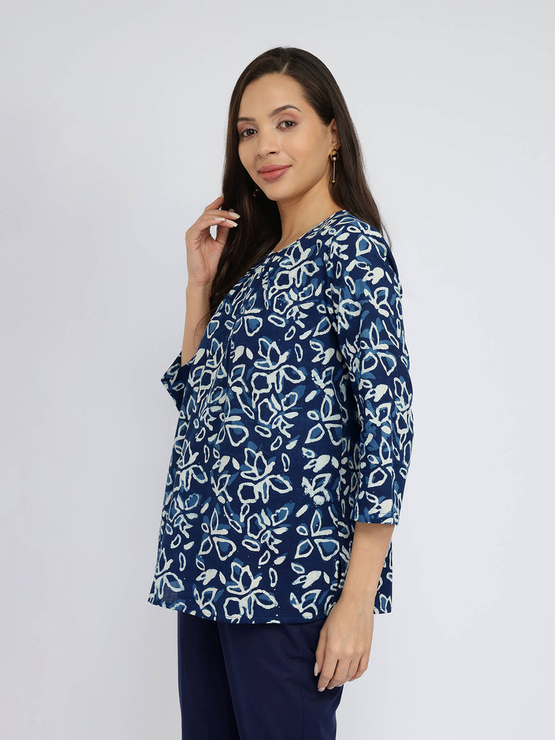 Cotton Dabu Floral Print Top - Indigo