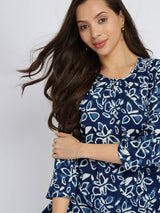 Cotton Dabu Floral Print Top - Indigo