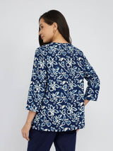 Cotton Dabu Floral Print Top - Indigo