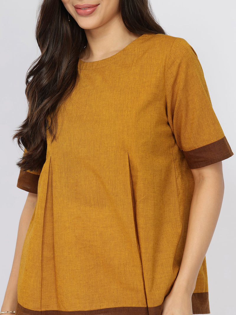 Cotton Handwoven Colourblock Top - Yellow & Brown
