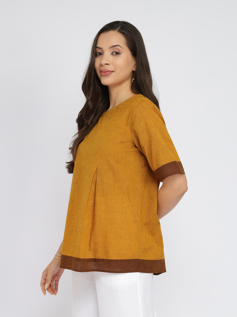 Cotton Handwoven Colourblock Top - Yellow & Brown