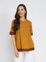 Cotton Handwoven Colourblock Top - Yellow & Brown