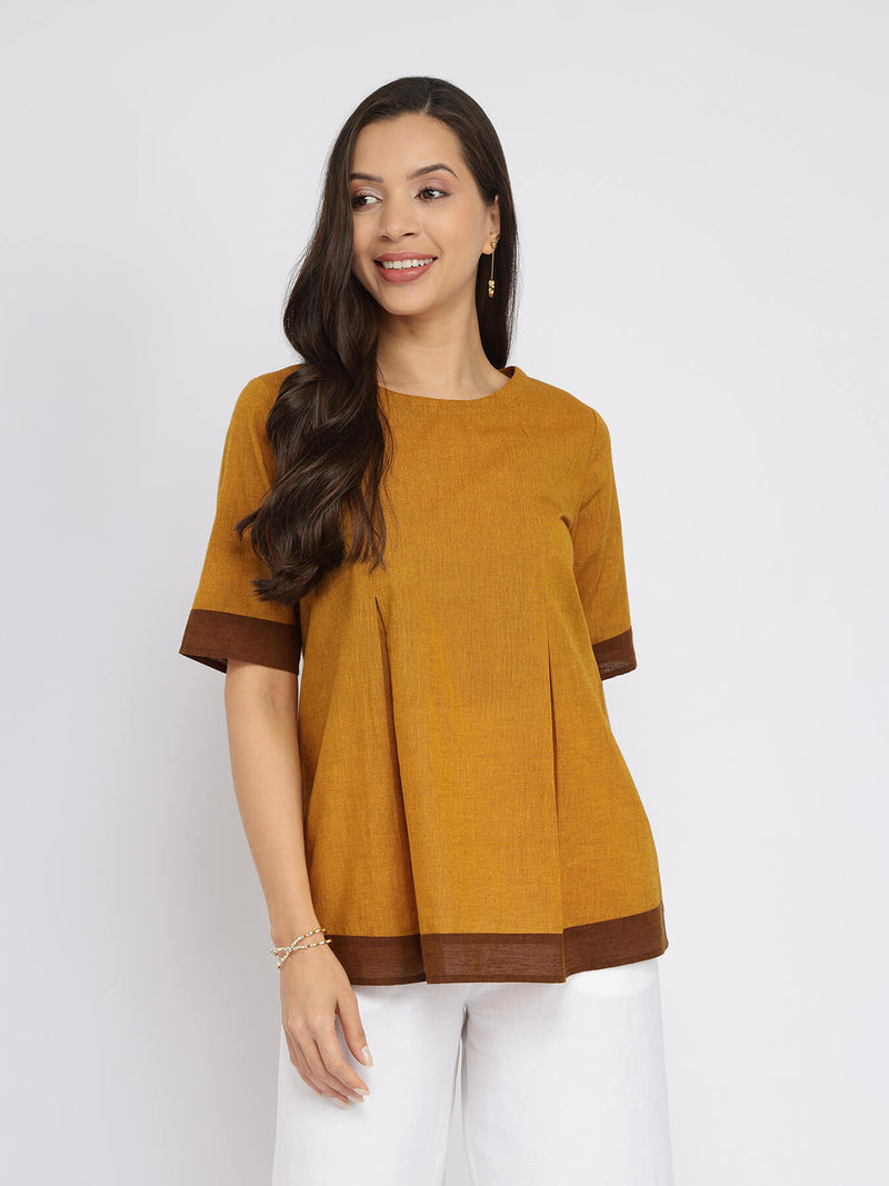 Cotton Handwoven Colourblock Top - Yellow & Brown