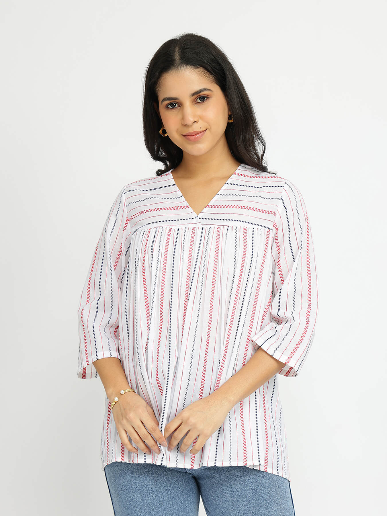 Cotton Striped A-Line Top - White