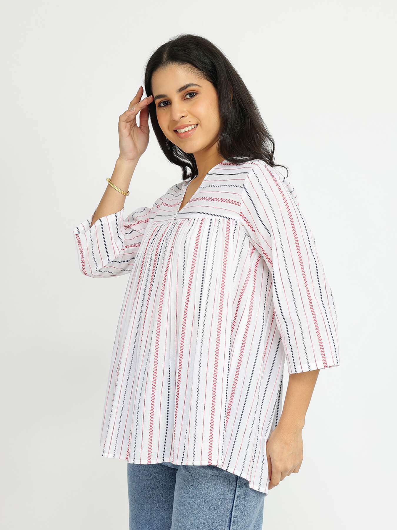Cotton Striped A-Line Top - White
