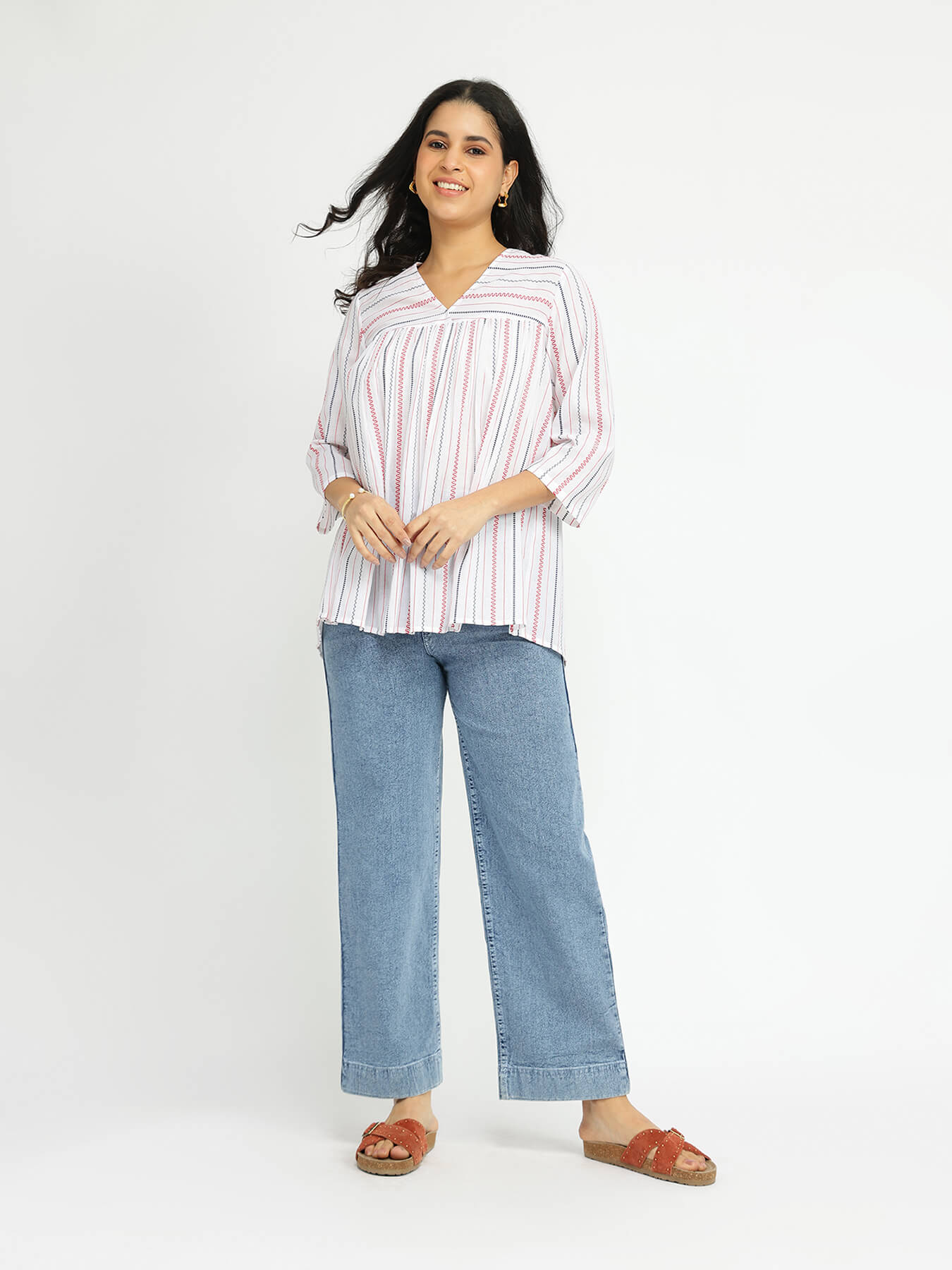 Cotton Striped A-Line Top - White
