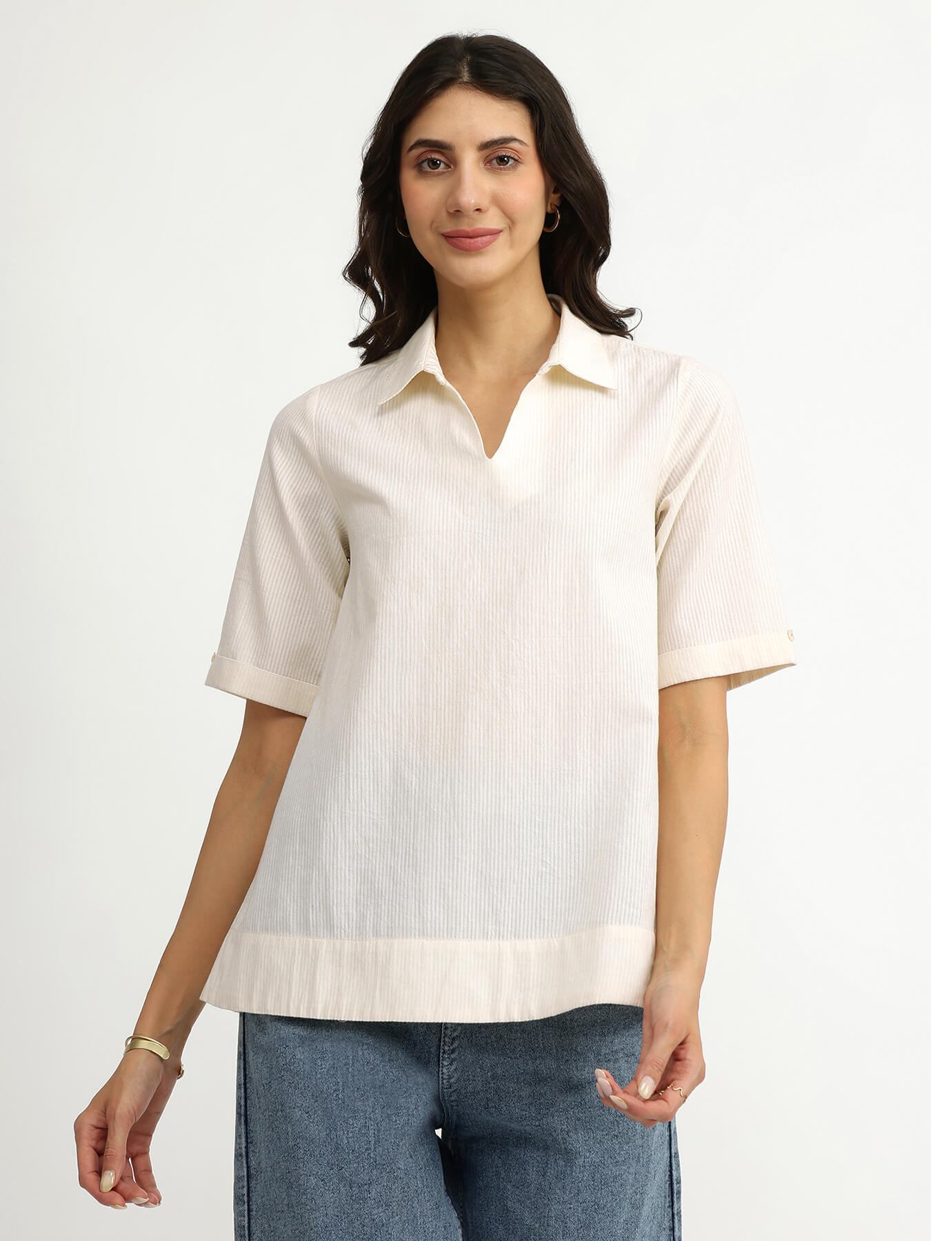 Cotton Jacquard Shirt Collar Top - White