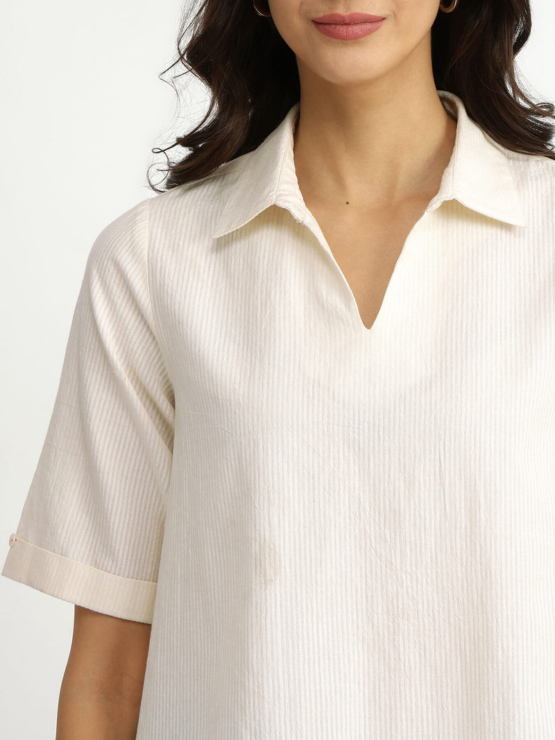 Cotton Jacquard Shirt Collar Top - White