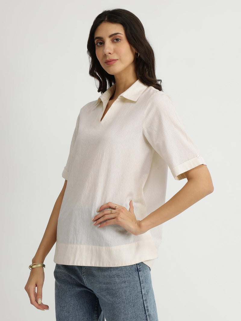 Cotton Jacquard Shirt Collar Top - White