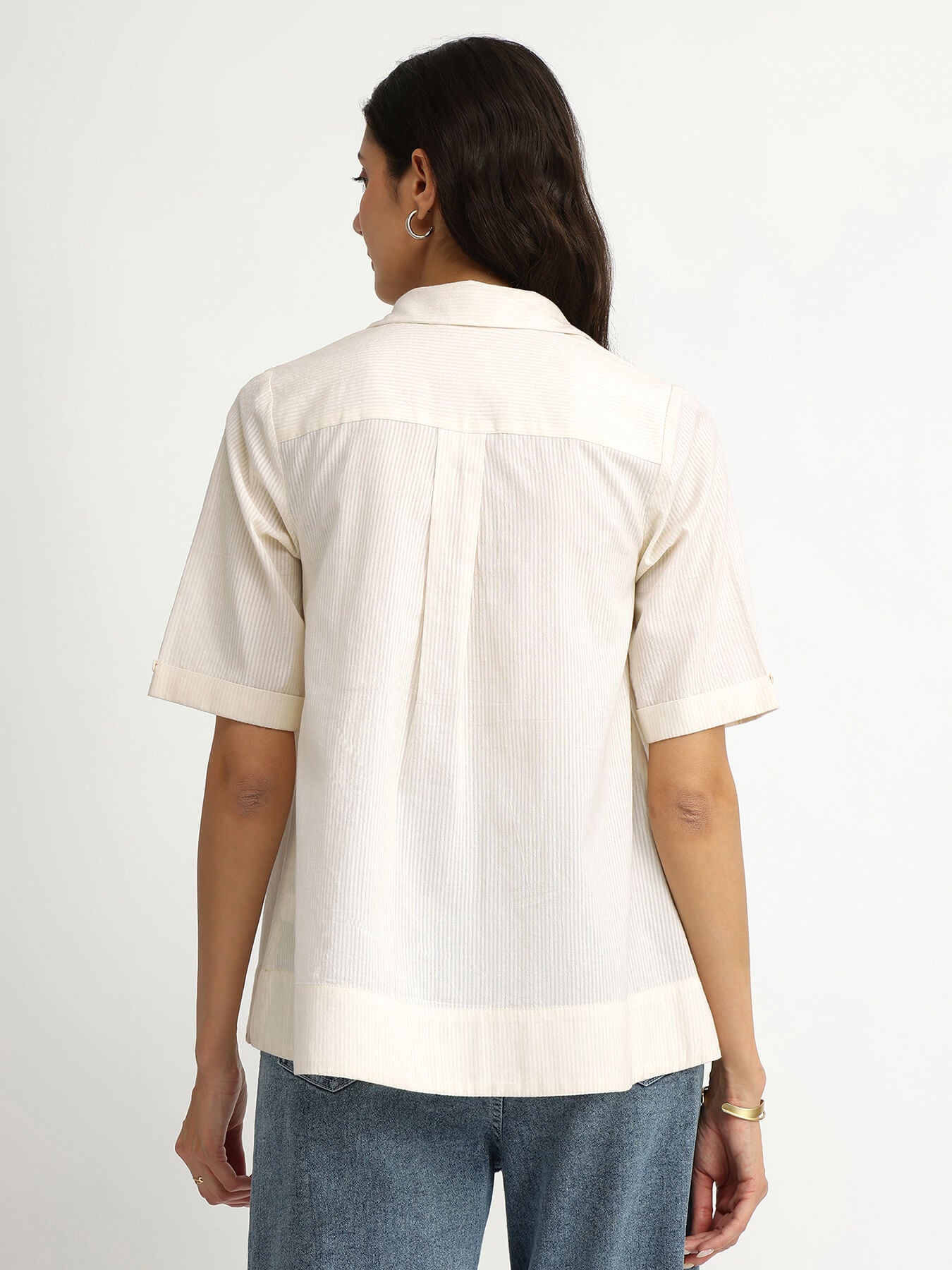 Cotton Jacquard Shirt Collar Top - White
