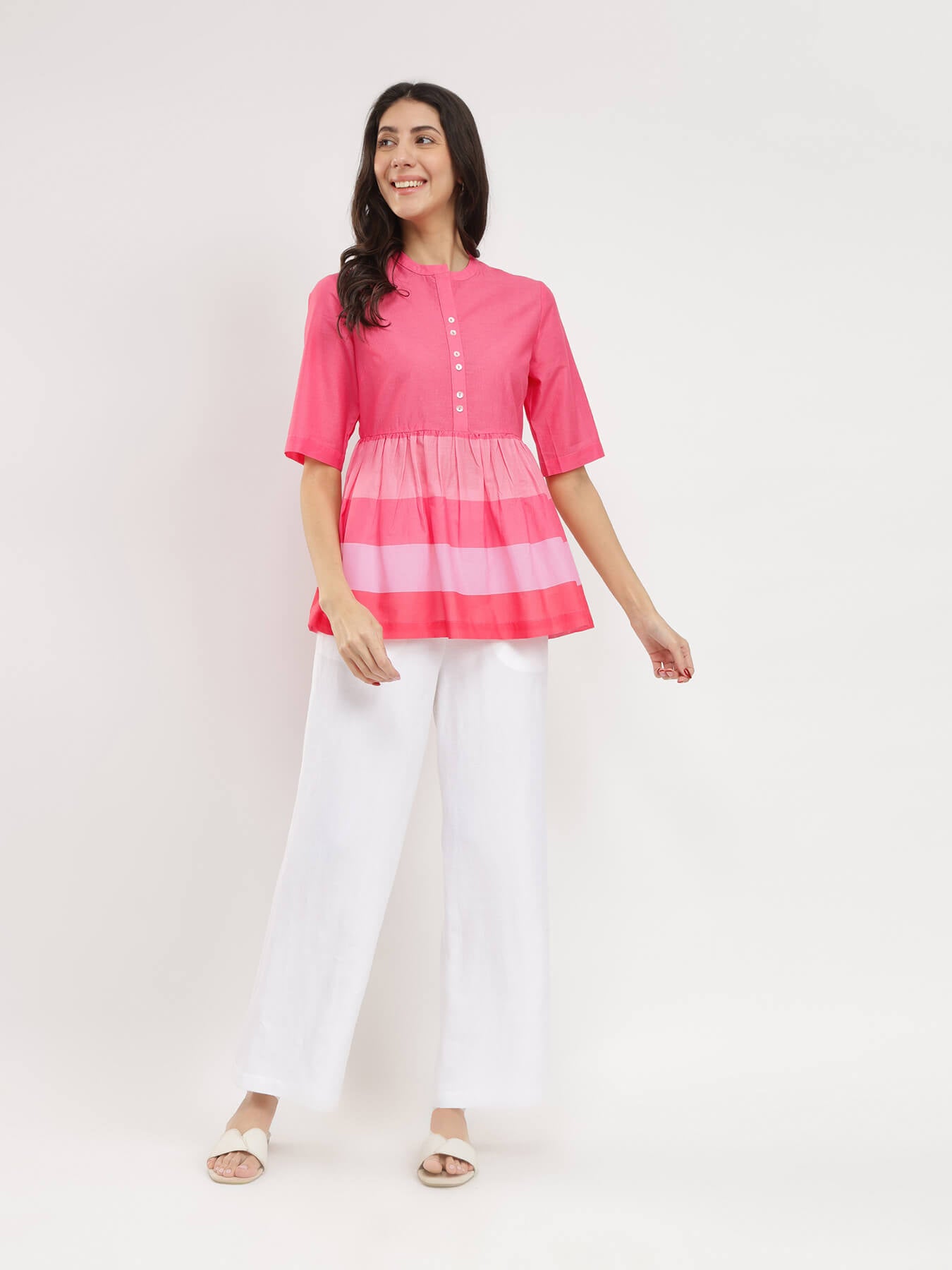 Cotton Striped Peplum Top - Pink