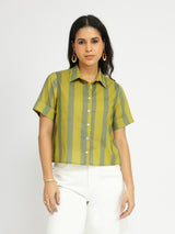 Cotton Striped Crop Shirt - Green