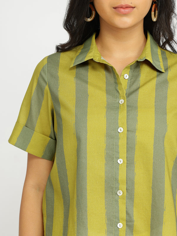 Cotton Striped Crop Shirt - Green