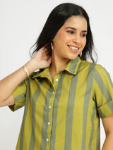 Cotton Striped Crop Shirt - Green