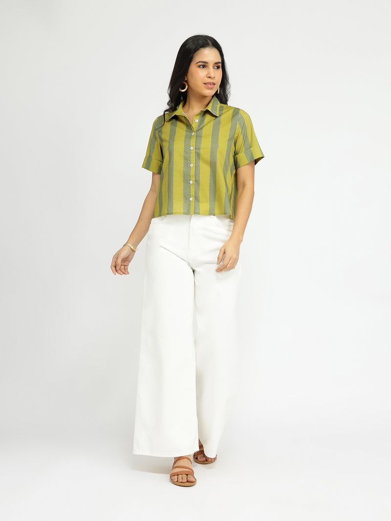 Cotton Striped Crop Shirt - Green