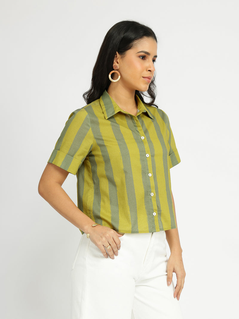 Cotton Striped Crop Shirt - Green