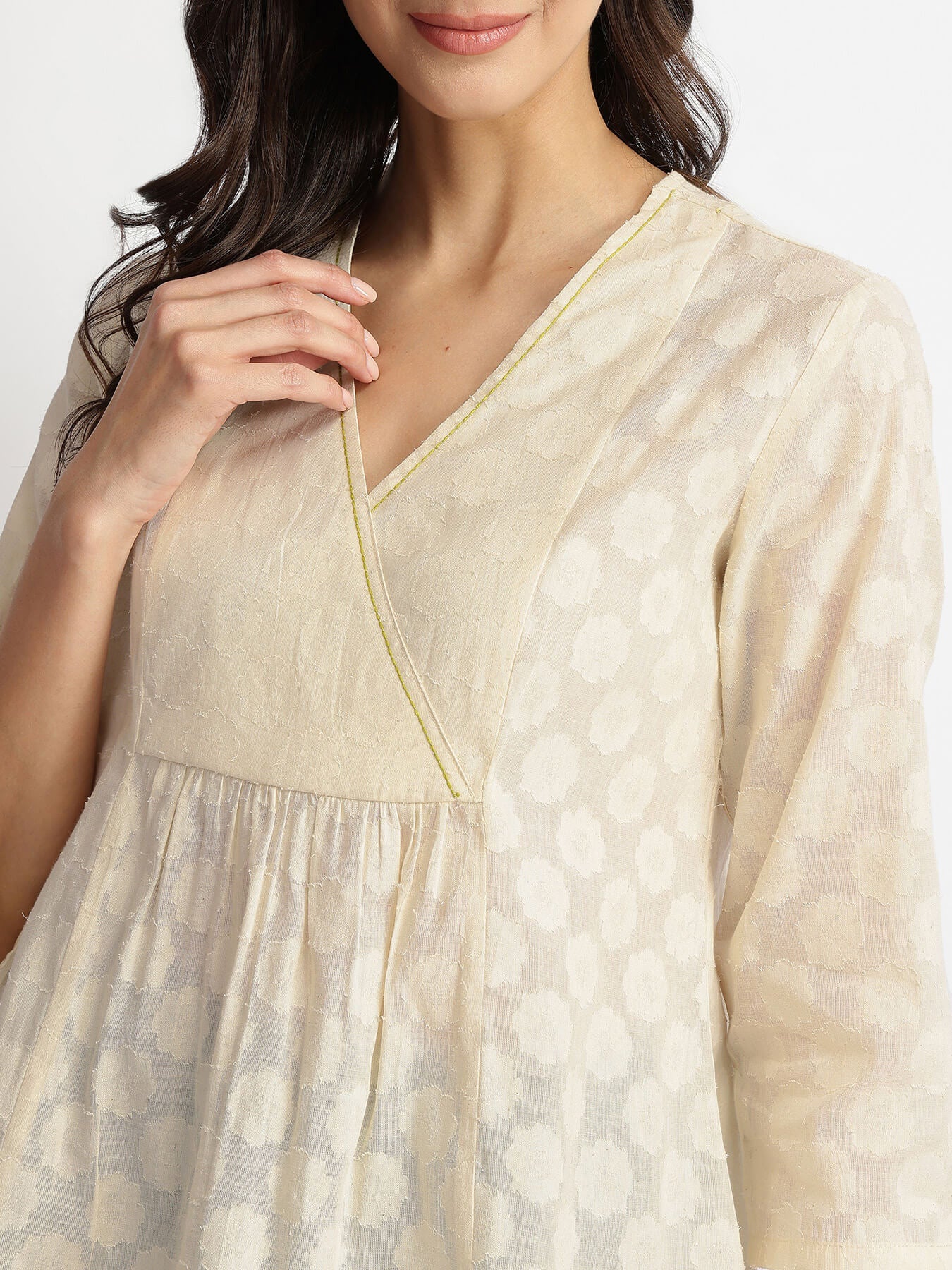 Cotton Jacquard Yoke Detail Top - Off-White