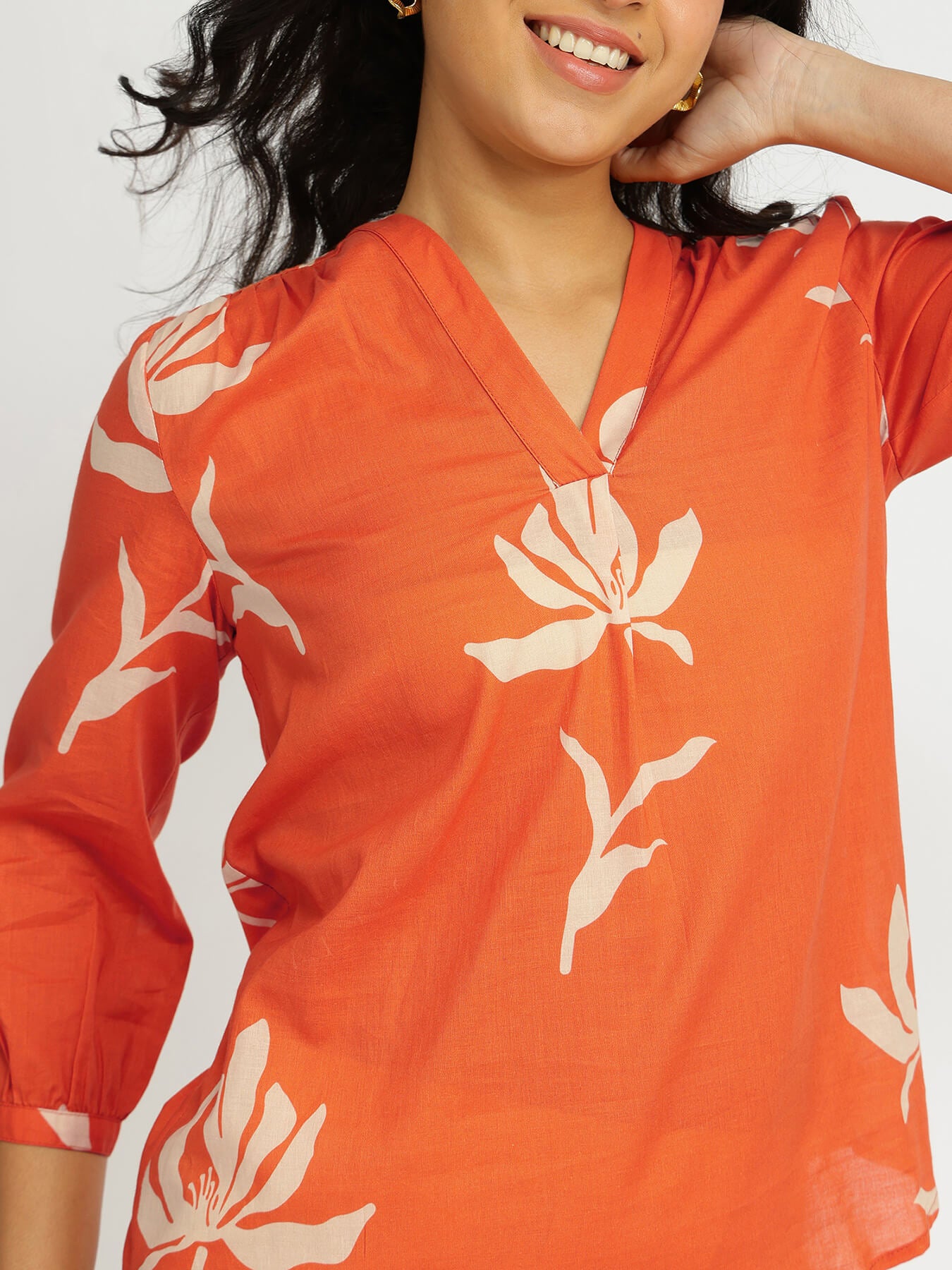 Cotton Floral V-Neck Top - Orange