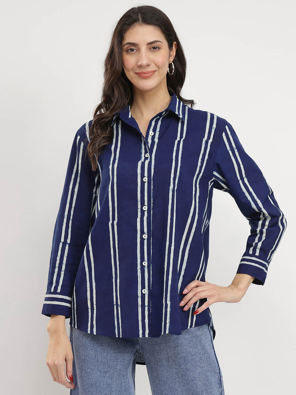 Cotton Dabu Striped Shirt - Indigo